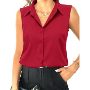 imageHOTOUCH Womens Sleeveless Button Down Shirt Tops V Neck Business Casual Collared Blouses Tank TopWine Red