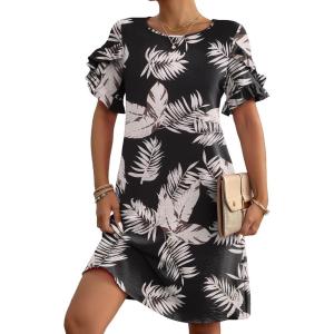 imageHOTOUCH Womens Summer Dress 2024 Short Sleeve ALine Mini Dress Casual Crew Neck Shift Dress Beach Sundress with PocketsBlack Floral