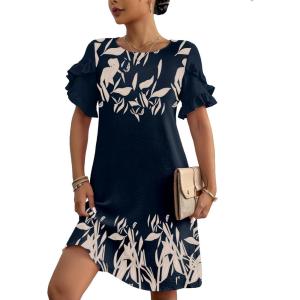 imageHOTOUCH Womens Summer Dress 2024 Short Sleeve ALine Mini Dress Casual Crew Neck Shift Dress Beach Sundress with PocketsBlack Leaf Printed