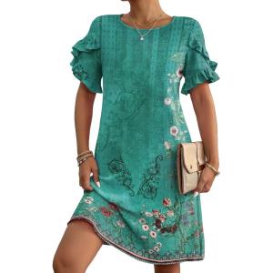 imageHOTOUCH Womens Summer Dress 2024 Short Sleeve ALine Mini Dress Casual Crew Neck Shift Dress Beach Sundress with PocketsBoho Floral
