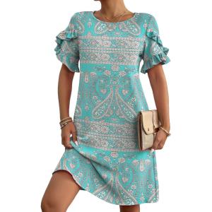 imageHOTOUCH Womens Summer Dress 2024 Short Sleeve ALine Mini Dress Casual Crew Neck Shift Dress Beach Sundress with PocketsGreen Floral