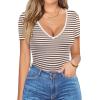 imageHOTOUCH Deep V Neck Tops for Women Sexy Low Cut Summer Ribbed Knit T Shirts Slim Fit Stretchy Basic Fashion TeeAlmond Stripe
