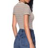 imageHOTOUCH Deep V Neck Tops for Women Sexy Low Cut Summer Ribbed Knit T Shirts Slim Fit Stretchy Basic Fashion TeeAlmond Stripe