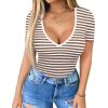 imageHOTOUCH Deep V Neck Tops for Women Sexy Low Cut Summer Ribbed Knit T Shirts Slim Fit Stretchy Basic Fashion TeeAlmond Stripe