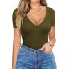 imageHOTOUCH Deep V Neck Tops for Women Sexy Low Cut Summer Ribbed Knit T Shirts Slim Fit Stretchy Basic Fashion TeeArmy Green