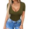 imageHOTOUCH Deep V Neck Tops for Women Sexy Low Cut Summer Ribbed Knit T Shirts Slim Fit Stretchy Basic Fashion TeeArmy Green