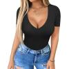 imageHOTOUCH Deep V Neck Tops for Women Sexy Low Cut Summer Ribbed Knit T Shirts Slim Fit Stretchy Basic Fashion TeeBlack