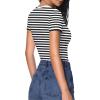 imageHOTOUCH Deep V Neck Tops for Women Sexy Low Cut Summer Ribbed Knit T Shirts Slim Fit Stretchy Basic Fashion TeeBlack Stripe