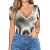 imageHOTOUCH Deep V Neck Tops for Women Sexy Low Cut Summer Ribbed Knit T Shirts Slim Fit Stretchy Basic Fashion TeeBlack Stripe