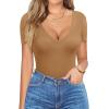 imageHOTOUCH Deep V Neck Tops for Women Sexy Low Cut Summer Ribbed Knit T Shirts Slim Fit Stretchy Basic Fashion TeeBrown