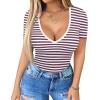 imageHOTOUCH Deep V Neck Tops for Women Sexy Low Cut Summer Ribbed Knit T Shirts Slim Fit Stretchy Basic Fashion TeeFuchisa Stripe