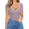 imageHOTOUCH Deep V Neck Tops for Women Sexy Low Cut Summer Ribbed Knit T Shirts Slim Fit Stretchy Basic Fashion TeeFuchisa Stripe
