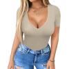 imageHOTOUCH Deep V Neck Tops for Women Sexy Low Cut Summer Ribbed Knit T Shirts Slim Fit Stretchy Basic Fashion TeeOatmeal