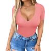 imageHOTOUCH Deep V Neck Tops for Women Sexy Low Cut Summer Ribbed Knit T Shirts Slim Fit Stretchy Basic Fashion TeePink Coral