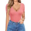 imageHOTOUCH Deep V Neck Tops for Women Sexy Low Cut Summer Ribbed Knit T Shirts Slim Fit Stretchy Basic Fashion TeePink Coral