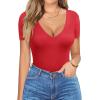imageHOTOUCH Deep V Neck Tops for Women Sexy Low Cut Summer Ribbed Knit T Shirts Slim Fit Stretchy Basic Fashion TeeRed