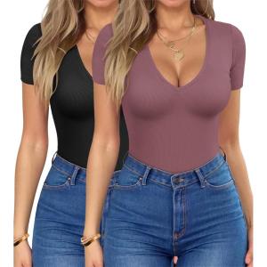 imageHOTOUCH Deep V Neck Tops for Women Sexy Low Cut Summer Ribbed Knit T Shirts Slim Fit Stretchy Basic Fashion Tee2 PackblackFuchisa