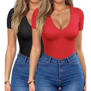 imageHOTOUCH Deep V Neck Tops for Women Sexy Low Cut Summer Ribbed Knit T Shirts Slim Fit Stretchy Basic Fashion Tee2 PackblackRed