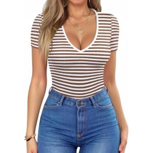 imageHOTOUCH Deep V Neck Tops for Women Sexy Low Cut Summer Ribbed Knit T Shirts Slim Fit Stretchy Basic Fashion TeeAlmond Stripe