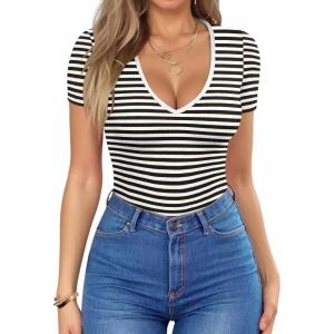 imageHOTOUCH Deep V Neck Tops for Women Sexy Low Cut Summer Ribbed Knit T Shirts Slim Fit Stretchy Basic Fashion TeeBlack Stripe