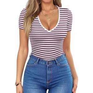 imageHOTOUCH Deep V Neck Tops for Women Sexy Low Cut Summer Ribbed Knit T Shirts Slim Fit Stretchy Basic Fashion TeeFuchisa Stripe