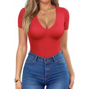 imageHOTOUCH Deep V Neck Tops for Women Sexy Low Cut Summer Ribbed Knit T Shirts Slim Fit Stretchy Basic Fashion TeeRed