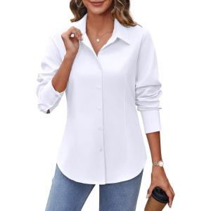 imageHOTOUCH Womens Button Down Shirts Buttonup Dress Shirts Long Sleeve Slim Fit Business Collared Work Office Blouses TopsA01white