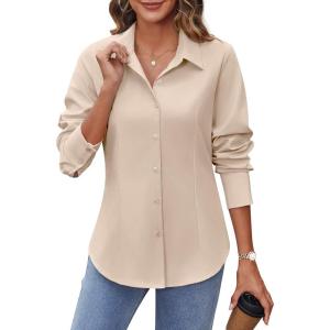 imageHOTOUCH Womens Button Down Shirts Buttonup Dress Shirts Long Sleeve Slim Fit Business Collared Work Office Blouses TopsAlmond