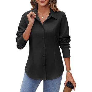 imageHOTOUCH Womens Button Down Shirts Buttonup Dress Shirts Long Sleeve Slim Fit Business Collared Work Office Blouses TopsBlack
