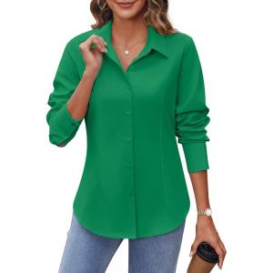 imageHOTOUCH Womens Button Down Shirts Buttonup Dress Shirts Long Sleeve Slim Fit Business Collared Work Office Blouses TopsGreen