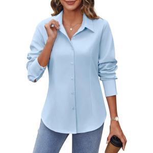 imageHOTOUCH Womens Button Down Shirts Buttonup Dress Shirts Long Sleeve Slim Fit Business Collared Work Office Blouses TopsLight Blue
