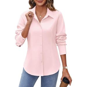 imageHOTOUCH Womens Button Down Shirts Buttonup Dress Shirts Long Sleeve Slim Fit Business Collared Work Office Blouses TopsPink