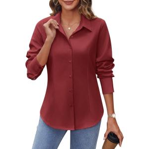 imageHOTOUCH Womens Button Down Shirts Buttonup Dress Shirts Long Sleeve Slim Fit Business Collared Work Office Blouses TopsWine Red