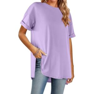 imageHOTOUCH Womens Oversized T Shirts Crewneck Short Sleeve Workout Blouse Tops Summer Casual Dropped Shoulder Tunic TeeLilac