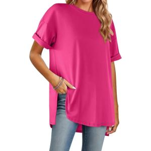 imageHOTOUCH Womens Oversized T Shirts Crewneck Short Sleeve Workout Blouse Tops Summer Casual Dropped Shoulder Tunic TeeRose Red