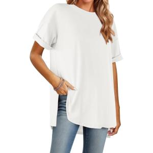 imageHOTOUCH Womens Oversized T Shirts Crewneck Short Sleeve Workout Blouse Tops Summer Casual Dropped Shoulder Tunic TeeWhite