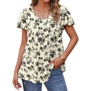 imageHOTOUCH Womens Plus Size Tops Ruffle Short Sleeve Tunics Cute Pleated Babydoll Shirts Summer Casual V Neck Boho BlousesApricot Floral