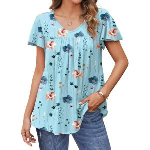 imageHOTOUCH Womens Plus Size Tops Ruffle Short Sleeve Tunics Cute Pleated Babydoll Shirts Summer Casual V Neck Boho BlousesBlue
