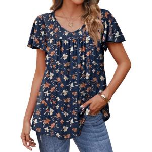imageHOTOUCH Womens Plus Size Tops Ruffle Short Sleeve Tunics Cute Pleated Babydoll Shirts Summer Casual V Neck Boho BlousesBlue Printed