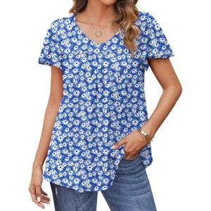 imageHOTOUCH Womens Plus Size Tops Ruffle Short Sleeve Tunics Cute Pleated Babydoll Shirts Summer Casual V Neck Boho BlousesBlue Silhouette Flower