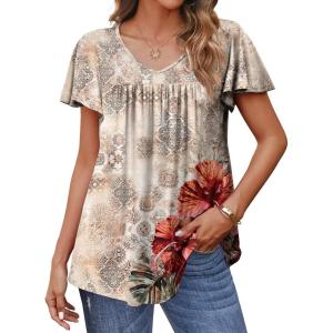 imageHOTOUCH Womens Plus Size Tops Ruffle Short Sleeve Tunics Cute Pleated Babydoll Shirts Summer Casual V Neck Boho BlousesChampagne