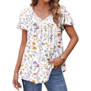 imageHOTOUCH Womens Plus Size Tops Ruffle Short Sleeve Tunics Cute Pleated Babydoll Shirts Summer Casual V Neck Boho BlousesColourful Small Flowers
