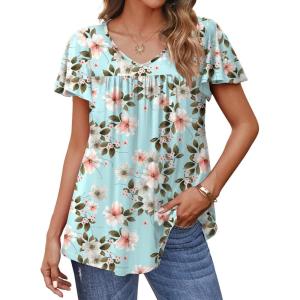 imageHOTOUCH Womens Plus Size Tops Ruffle Short Sleeve Tunics Cute Pleated Babydoll Shirts Summer Casual V Neck Boho BlousesFlower Cluster Light Green