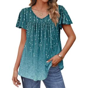 imageHOTOUCH Womens Plus Size Tops Ruffle Short Sleeve Tunics Cute Pleated Babydoll Shirts Summer Casual V Neck Boho BlousesGreen
