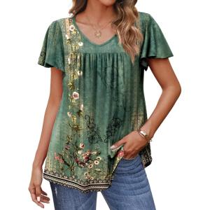 imageHOTOUCH Womens Plus Size Tops Ruffle Short Sleeve Tunics Cute Pleated Babydoll Shirts Summer Casual V Neck Boho BlousesGrey Green