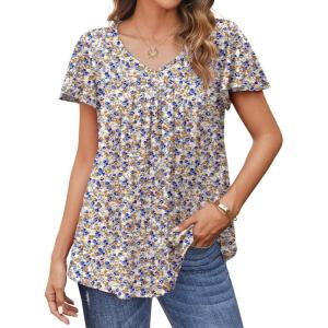 imageHOTOUCH Womens Plus Size Tops Ruffle Short Sleeve Tunics Cute Pleated Babydoll Shirts Summer Casual V Neck Boho BlousesPink Apricot Brown Blue