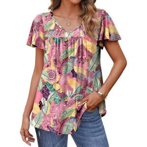 imageHOTOUCH Womens Plus Size Tops Ruffle Short Sleeve Tunics Cute Pleated Babydoll Shirts Summer Casual V Neck Boho BlousesPurple