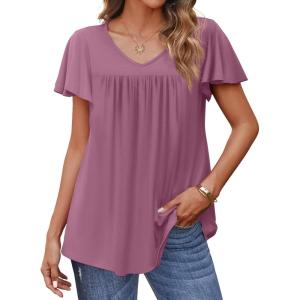 imageHOTOUCH Womens Plus Size Tops Ruffle Short Sleeve Tunics Cute Pleated Babydoll Shirts Summer Casual V Neck Boho BlousesPurple Red