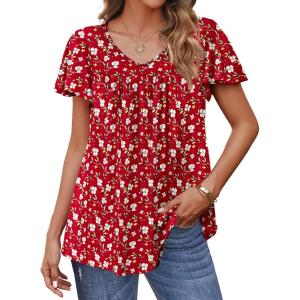 imageHOTOUCH Womens Plus Size Tops Ruffle Short Sleeve Tunics Cute Pleated Babydoll Shirts Summer Casual V Neck Boho BlousesRed