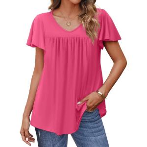 imageHOTOUCH Womens Plus Size Tops Ruffle Short Sleeve Tunics Cute Pleated Babydoll Shirts Summer Casual V Neck Boho BlousesRose Red